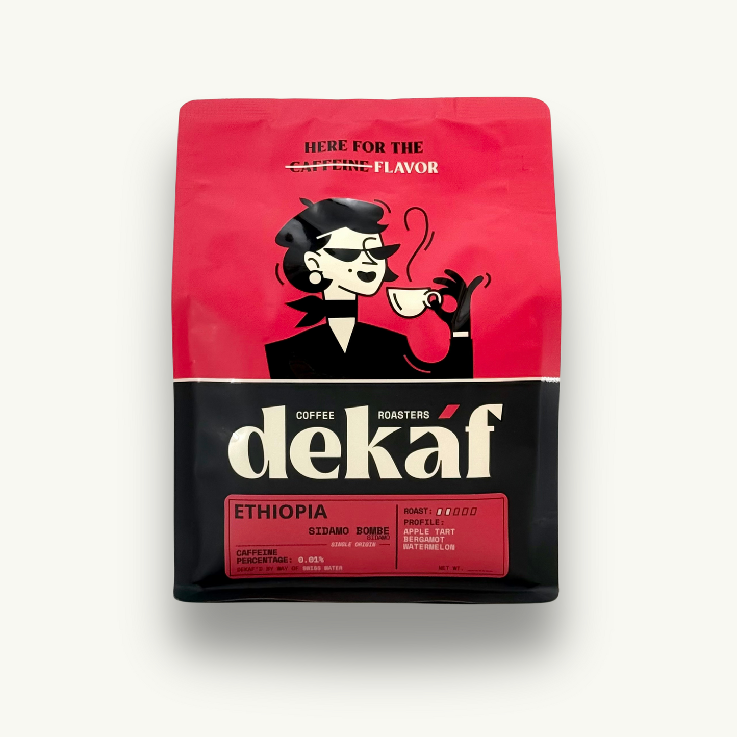 DEKÁF Ethiopia Sidamo Bombe coffee decaf coffee bag with stylish red and black packaging