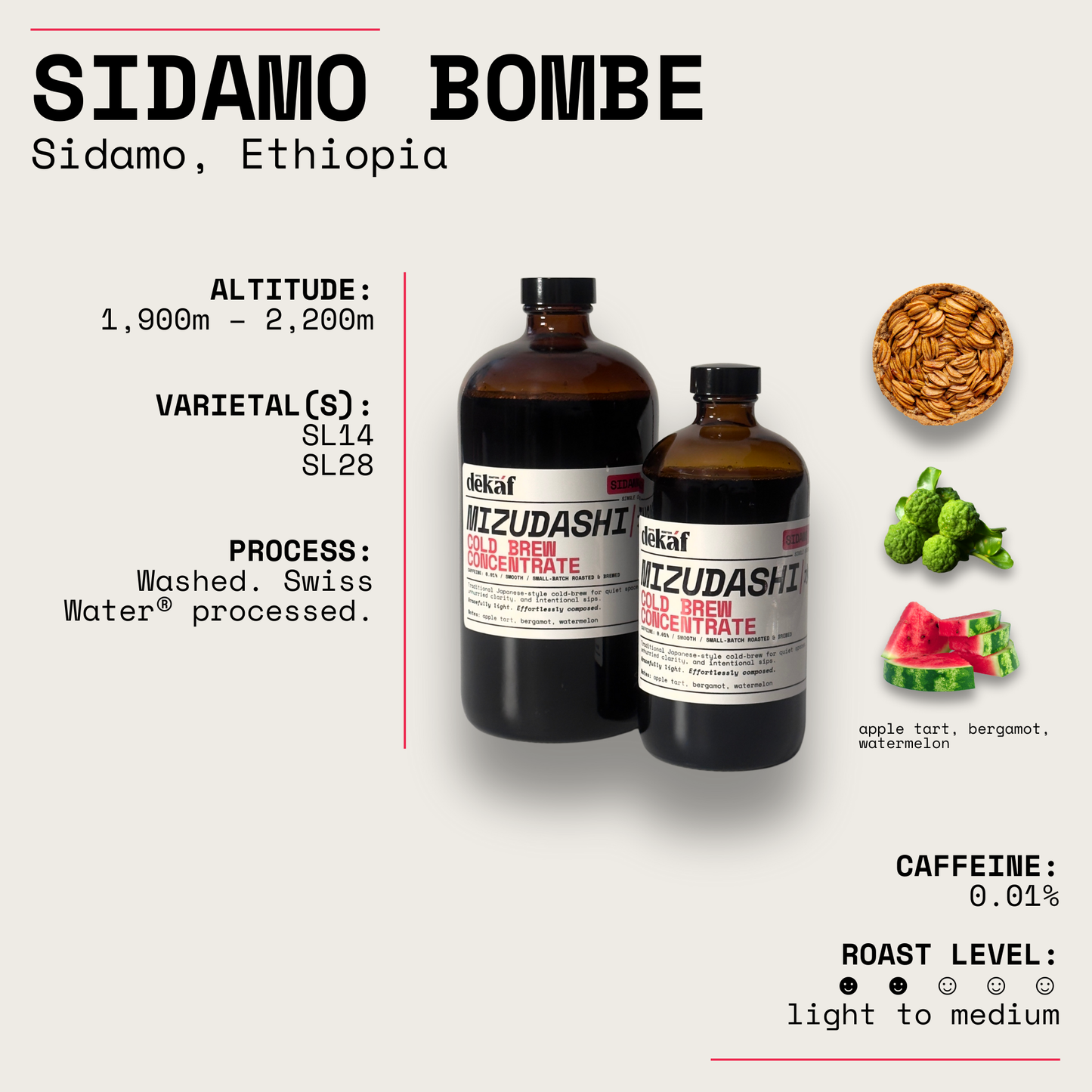 DEKÁF Mizudashi Ethiopia Sidamo cold brew concentrate bottles with beans and fruit flavor notes