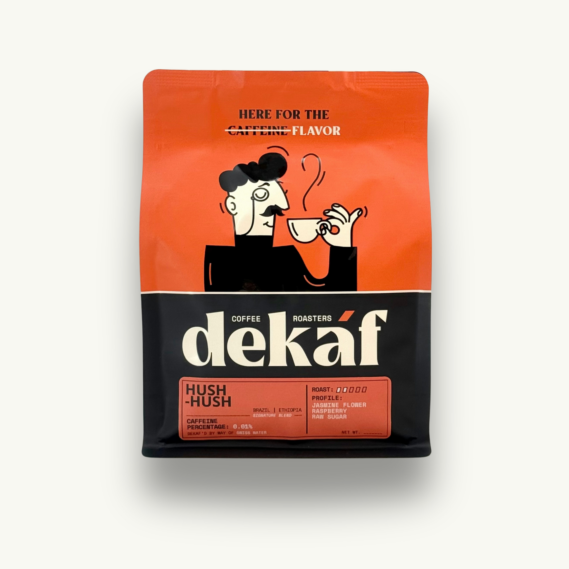 DEKÁF Hush-Hush Signature Blend coffee decaf coffee bag with orange and black design