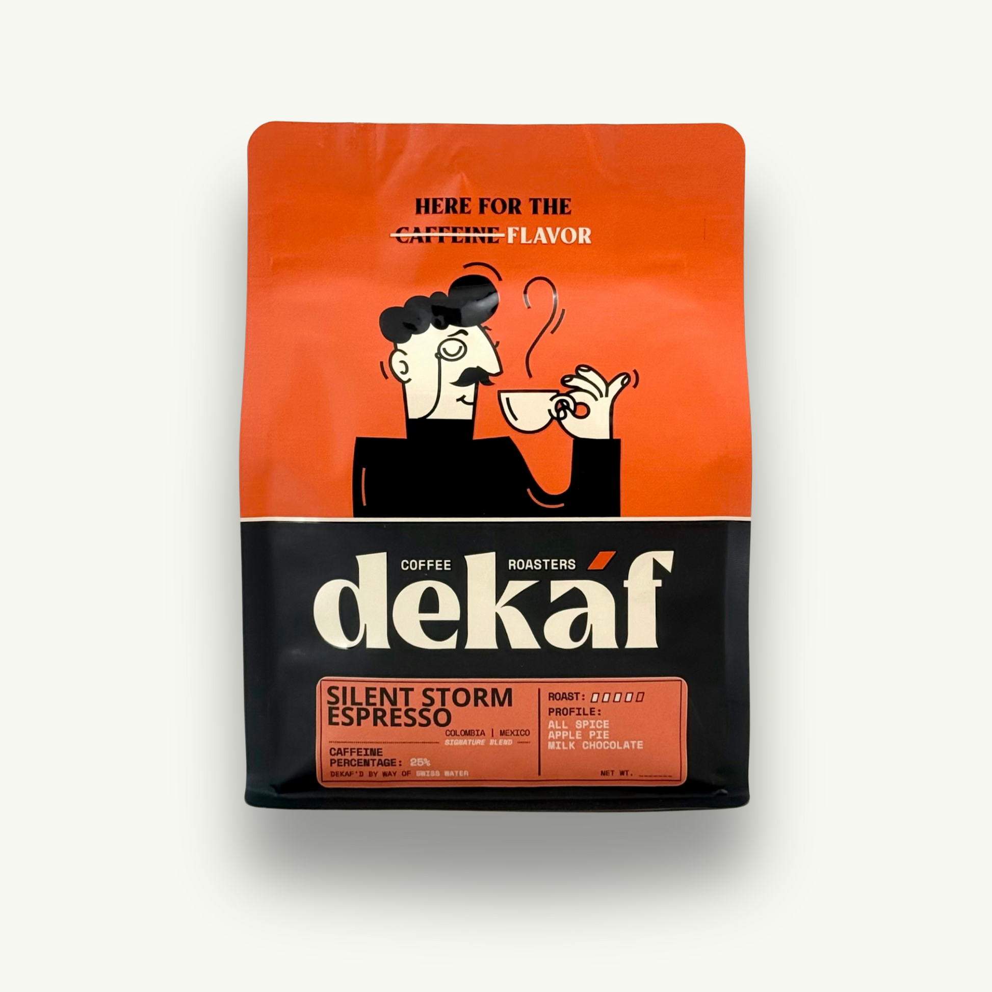 DEKÁF Silent Storm Espresso decaf coffee bag low caffeine espresso blend with bold orange and black design