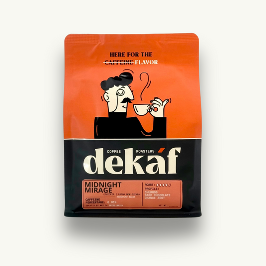 DEKÁF Midnight Mirage coffee blend decaf coffee package with orange and black design