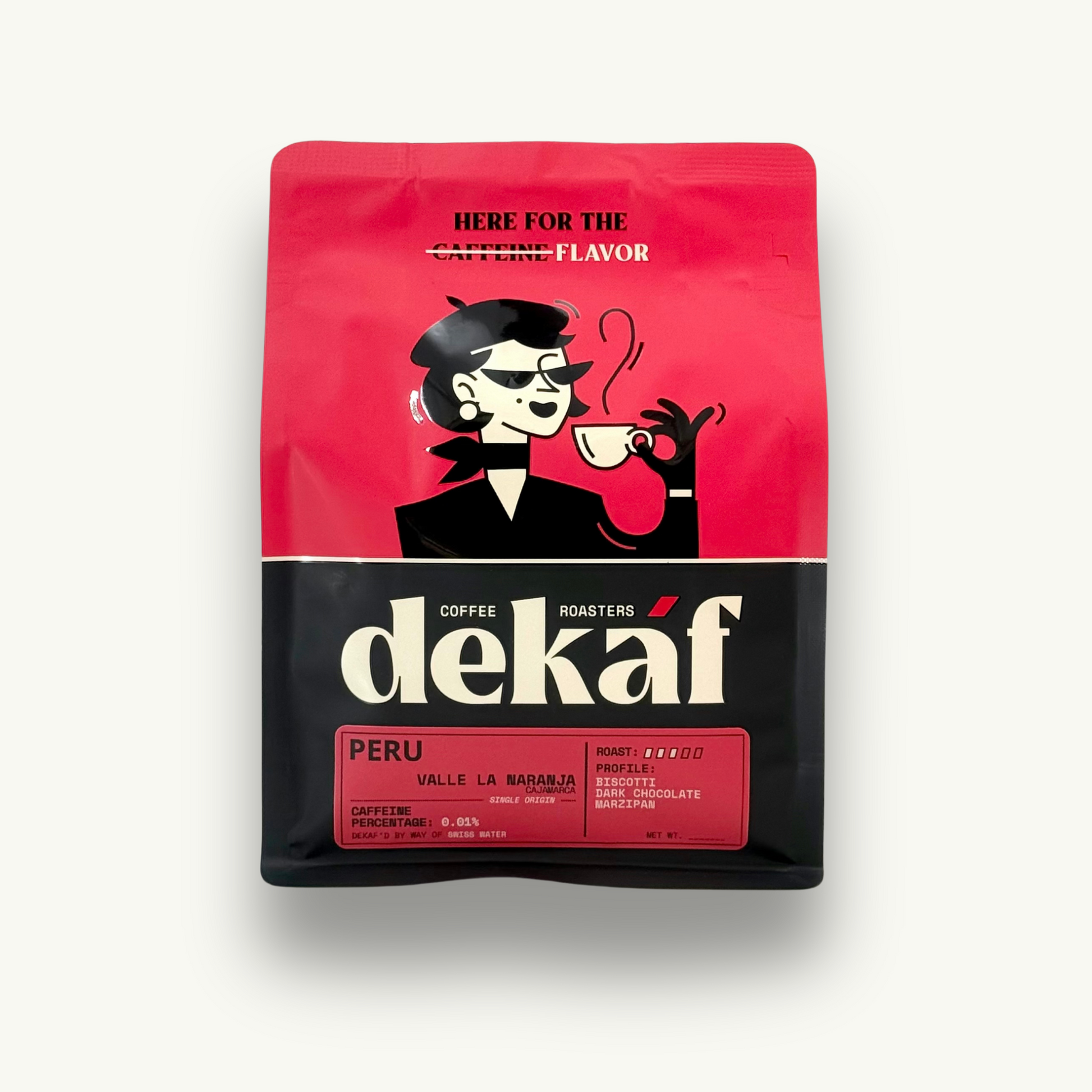 DEKÁF Peru coffee bag with Peruvian decaf coffee beans from Valle La Naranja region