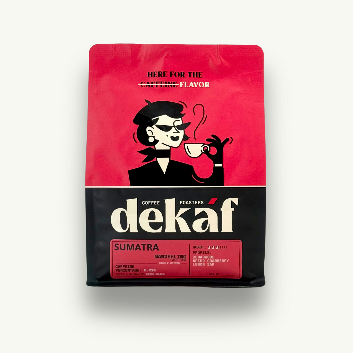 DEKÁF decaf Sumatra Mandheling coffee beans in red and black packaging with stylish illustration