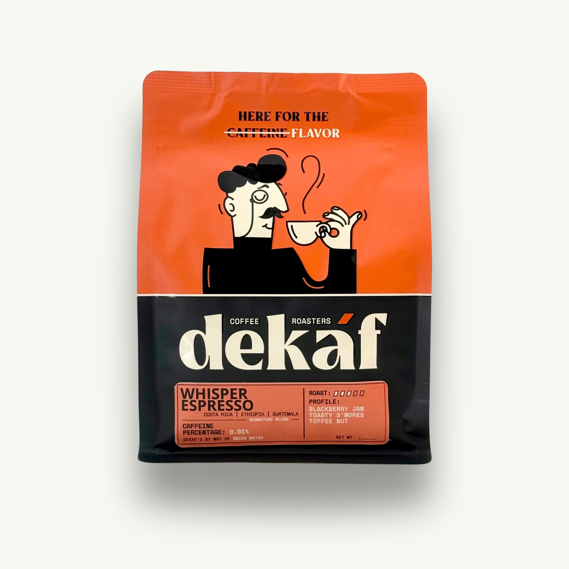 DEKÁF Whisper Espresso Blend coffee decaf roast in orange and black packaging with graphic of person sipping coffee