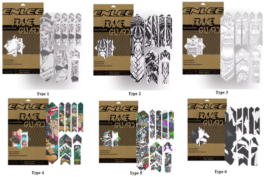 MagicCycling 3D bicycle frame protector stickers in six unique black and colorful designs for bike frame protection