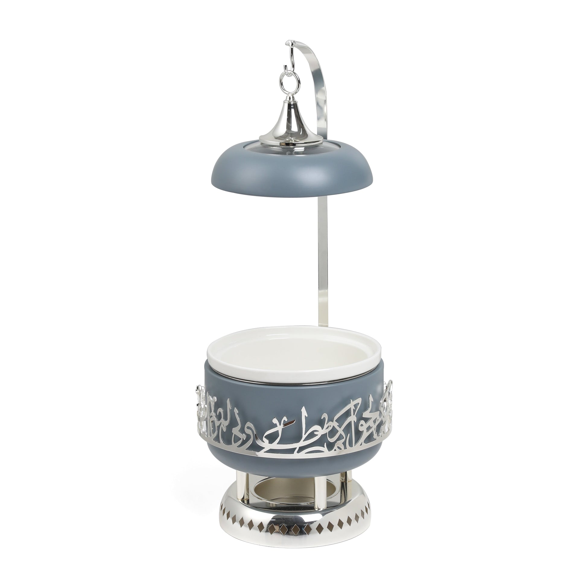 Jiwar 2.5L chafer haze blue with decorative silver accents and hanging lid for serving