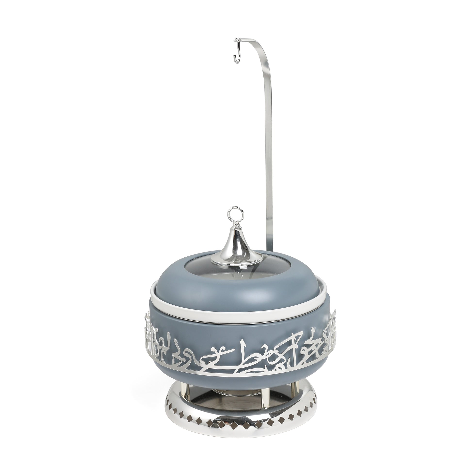Jiwar 6 liter chafer haze blue with decorative silver detailing and metal stand for serving food