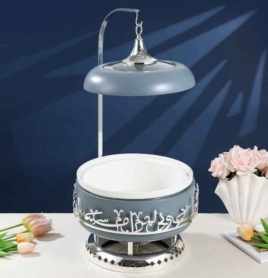 Jiwar 6 liter chafer haze blue with silver detailing and heat lamp for buffet serving by Otantik Home