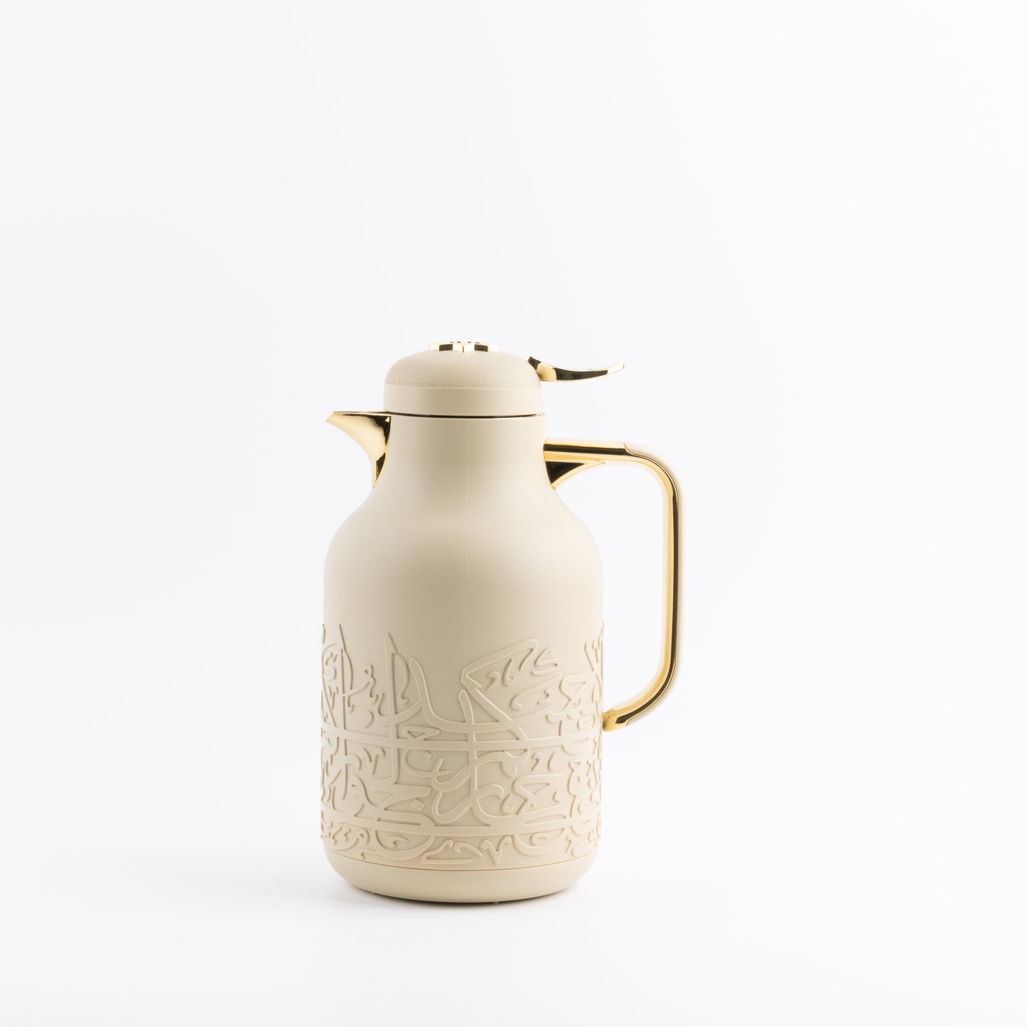 Otantik Home Jiwar vacuum flask in beige with gold handle and decorative embossed design