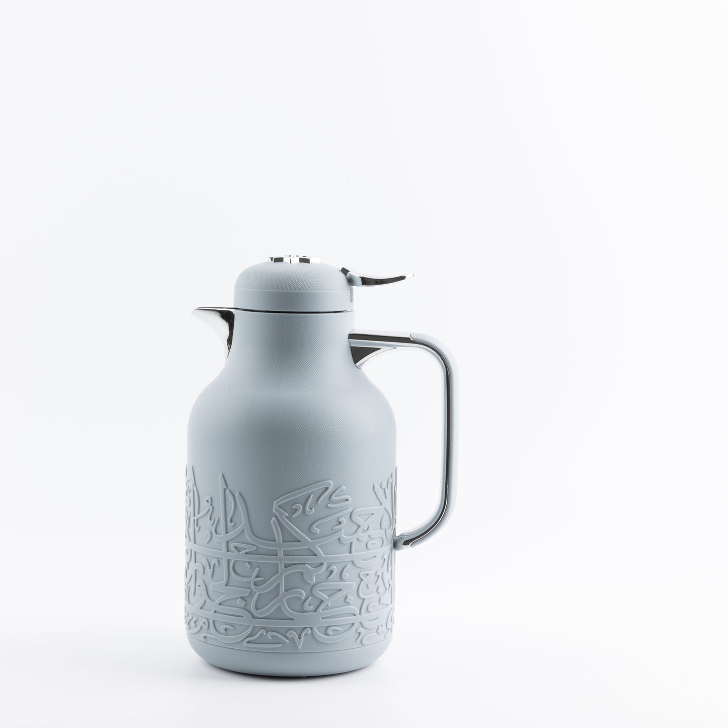 Jiwar vacuum flask haze blue with intricate embossed design and stainless steel handle by Otantik Home