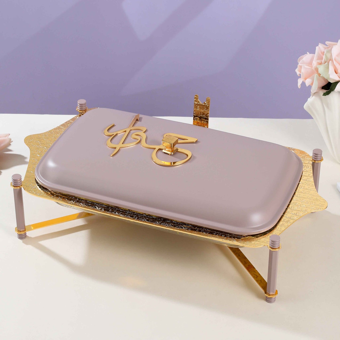 Otantik Home large Pyrex chafer with lid in muted lavender and gold accents on a decorative gold stand