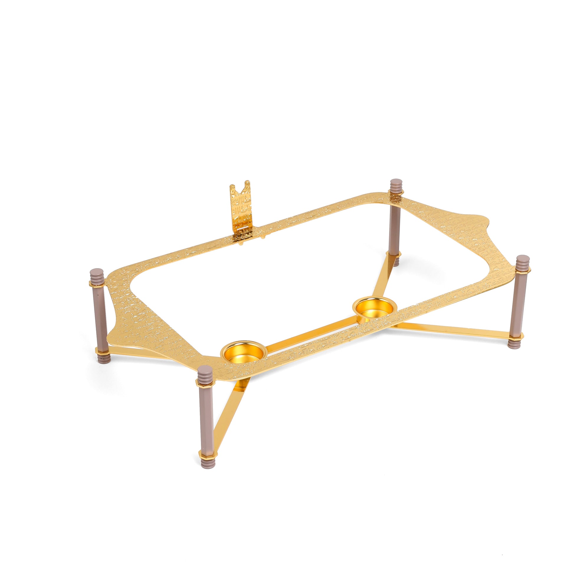 Otantik Home stand for large Pyrex chafer with lid in gold with foldable legs and candle holders