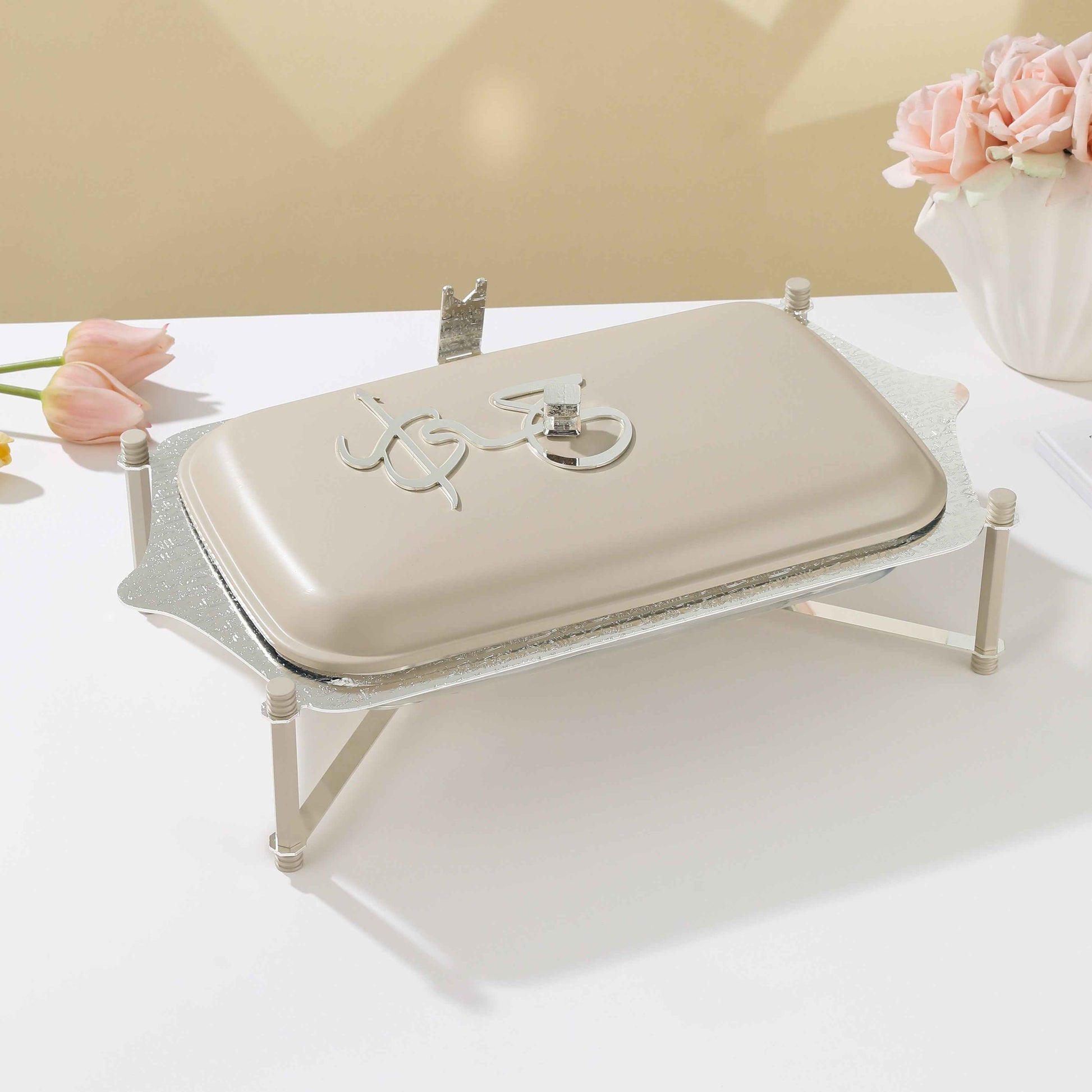 Otantik Home large Pyrex chafer with lid in beige on metal stand for serving food