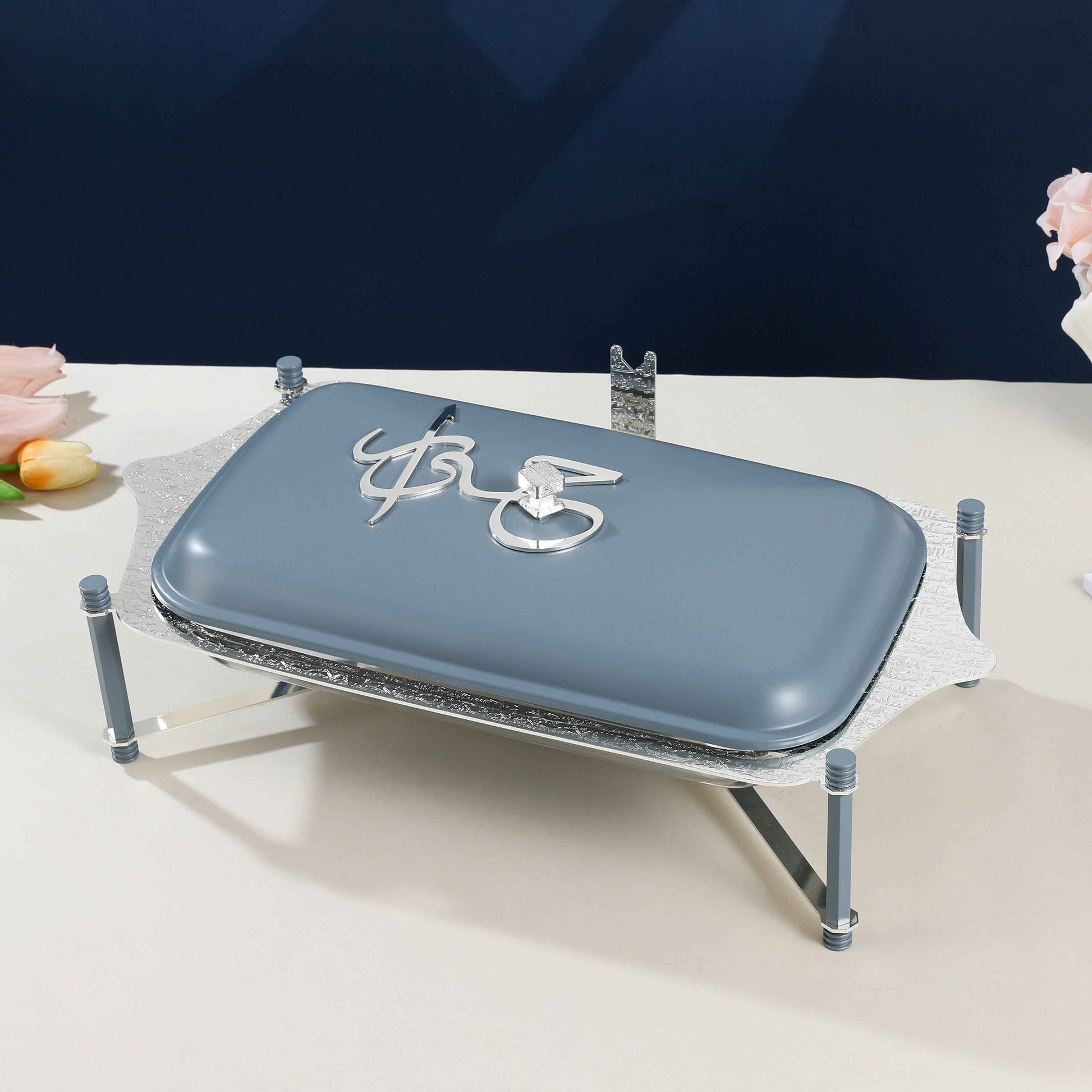 Otantik Home large twin candle pyrex chafer with metal stand and blue lid on a table