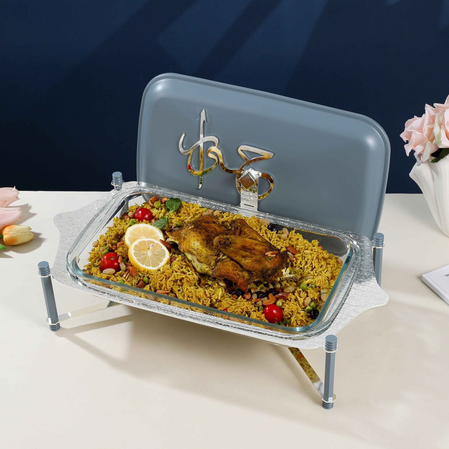 Otantik Home large twin candle pyrex chafer with roasted chicken and rice on white table