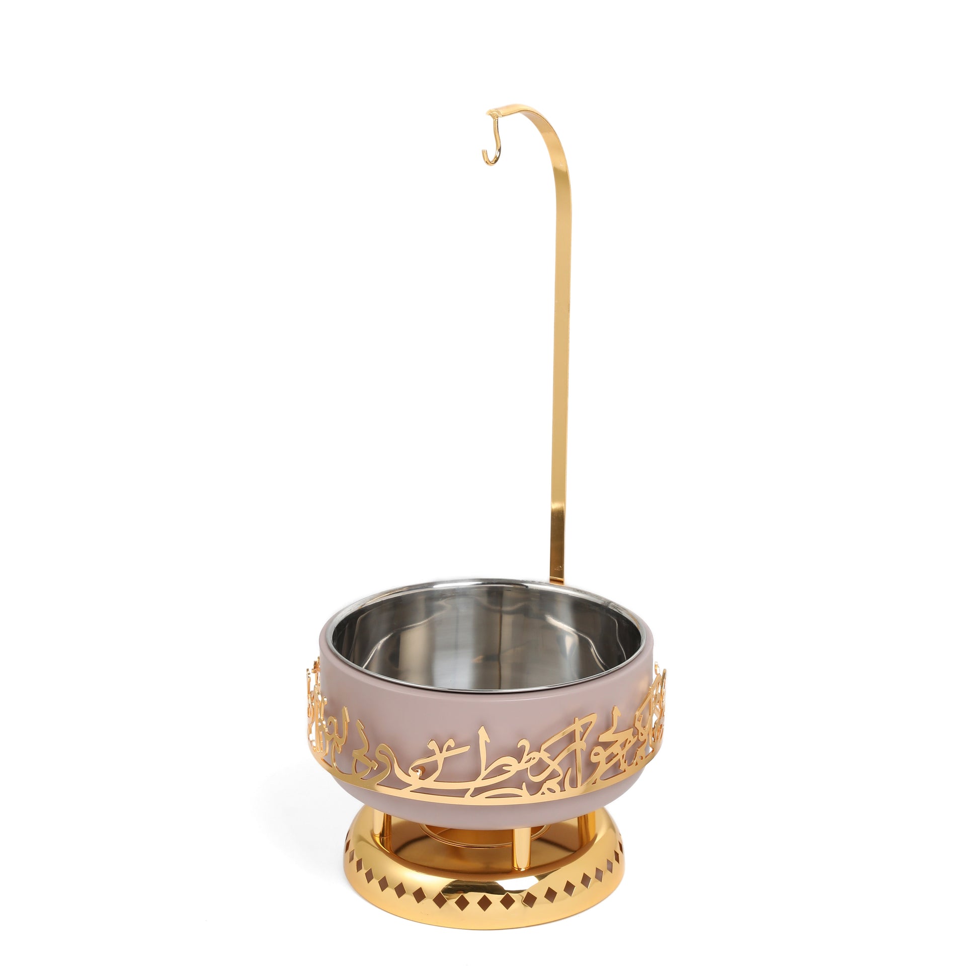 Lavender and gold chafer dish with decorative gold accents and stainless steel interior by Otantik Home