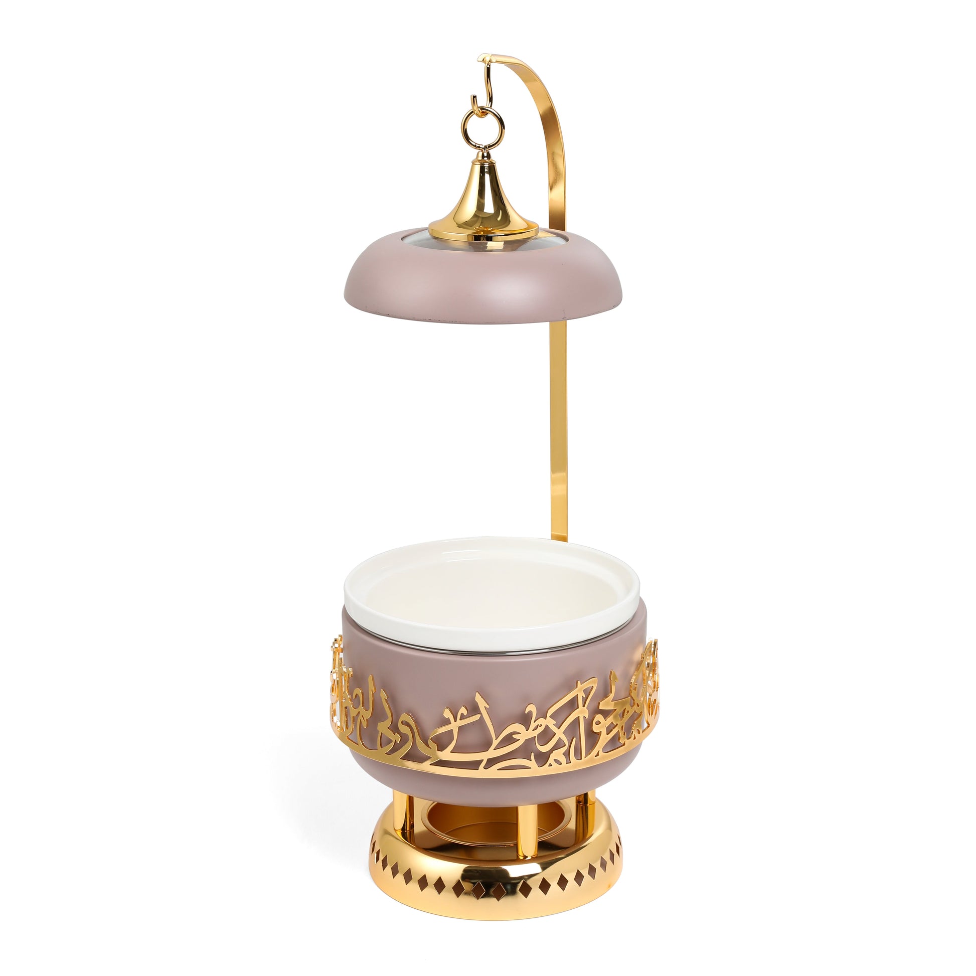 Lavender and gold chafer with intricate gold detailing and a hanging lid from Otantik Home