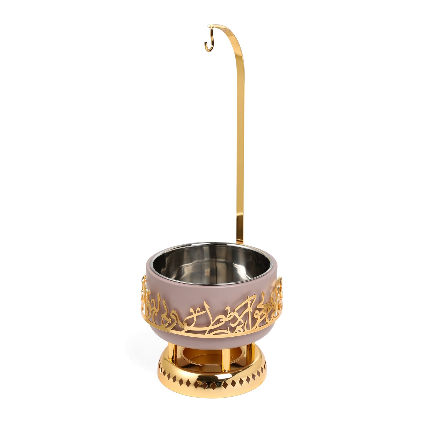 Otantik Home lavender and gold chafer with intricate gold detailing and a tall hanging hook