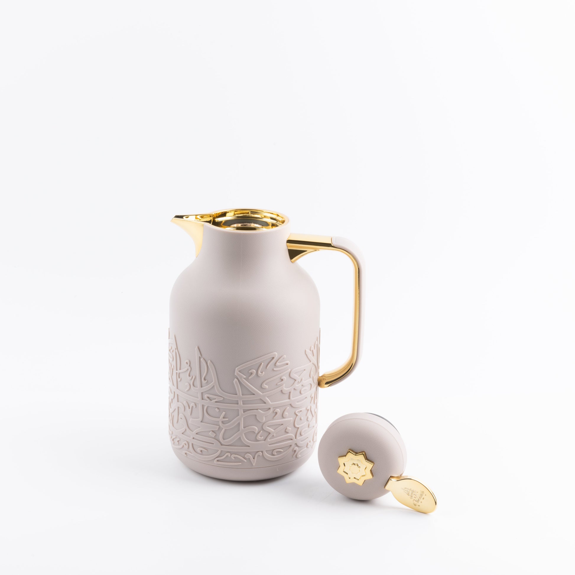 Lavender gold vacuum flask by Otantik Home with intricate design and shiny gold handle and lid