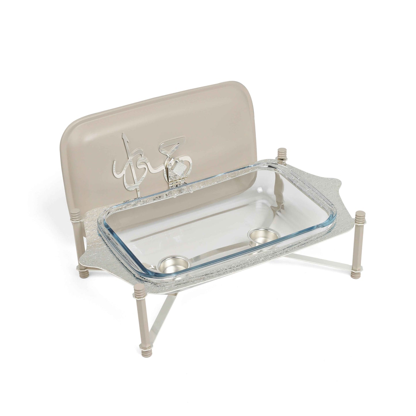 Otantik Home medium pyrex chafer with stand featuring clear glass dish and beige metal frame with lid