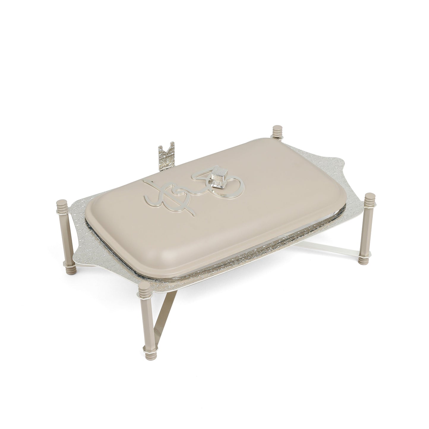 Otantik Home medium pyrex chafer with stand in beige with decorative silver legs and lid handle