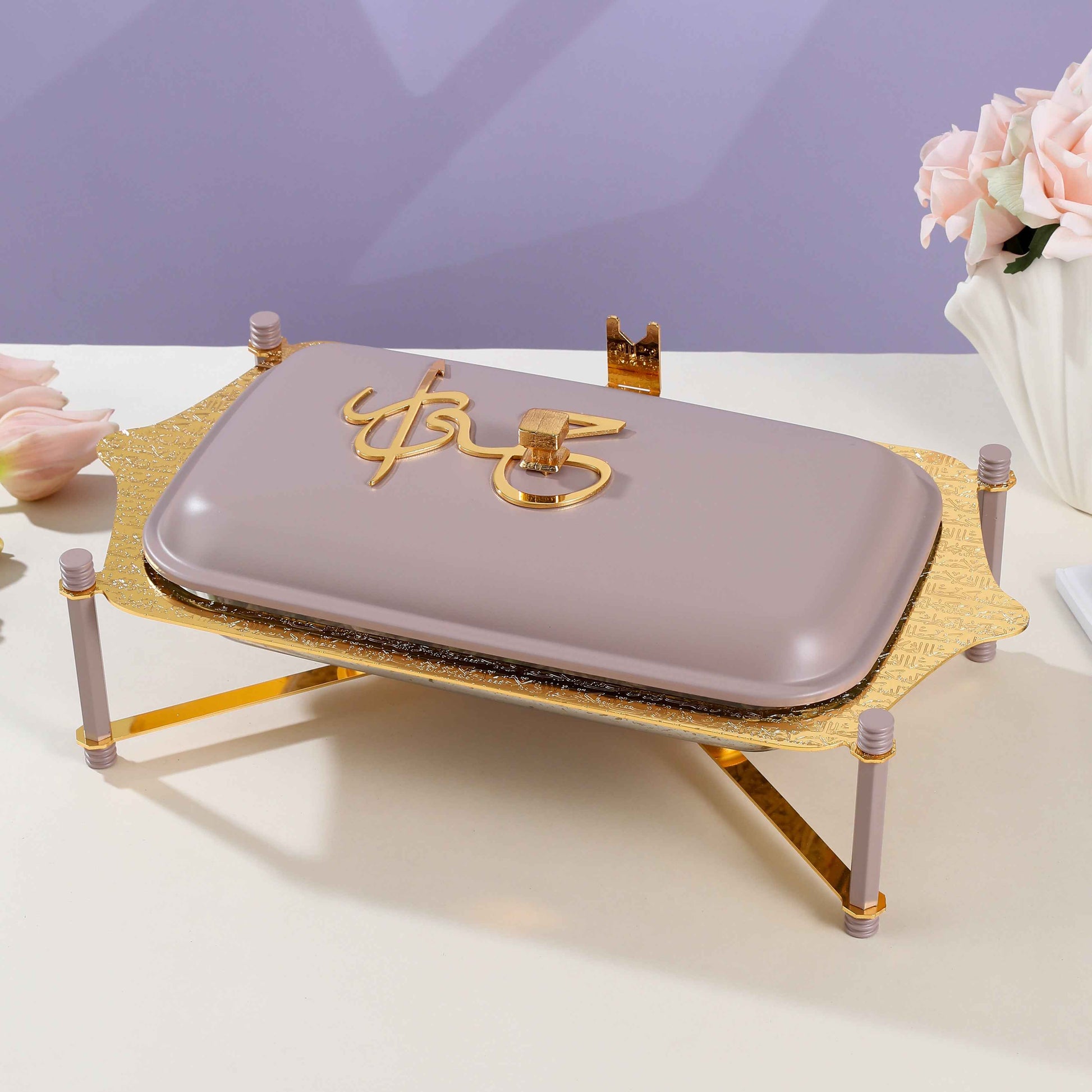 Otantik Home medium twin candle pyrex chafer with gold accents and purple lid on white table