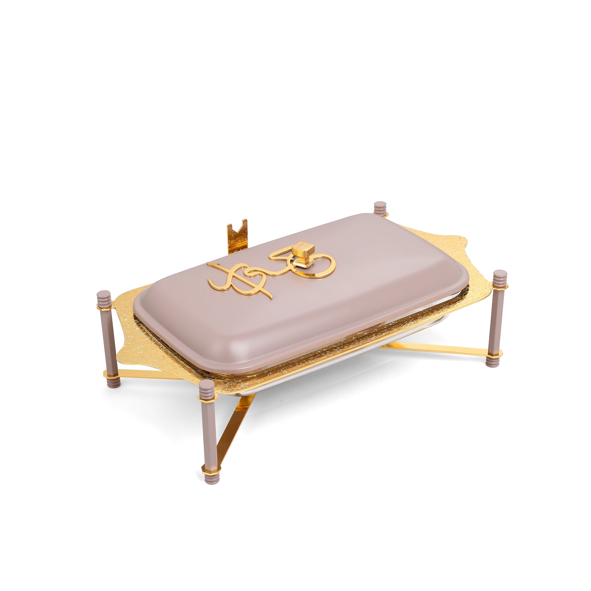 Otantik Home medium twin candle pyrex chafer with gold frame and beige lid for serving food