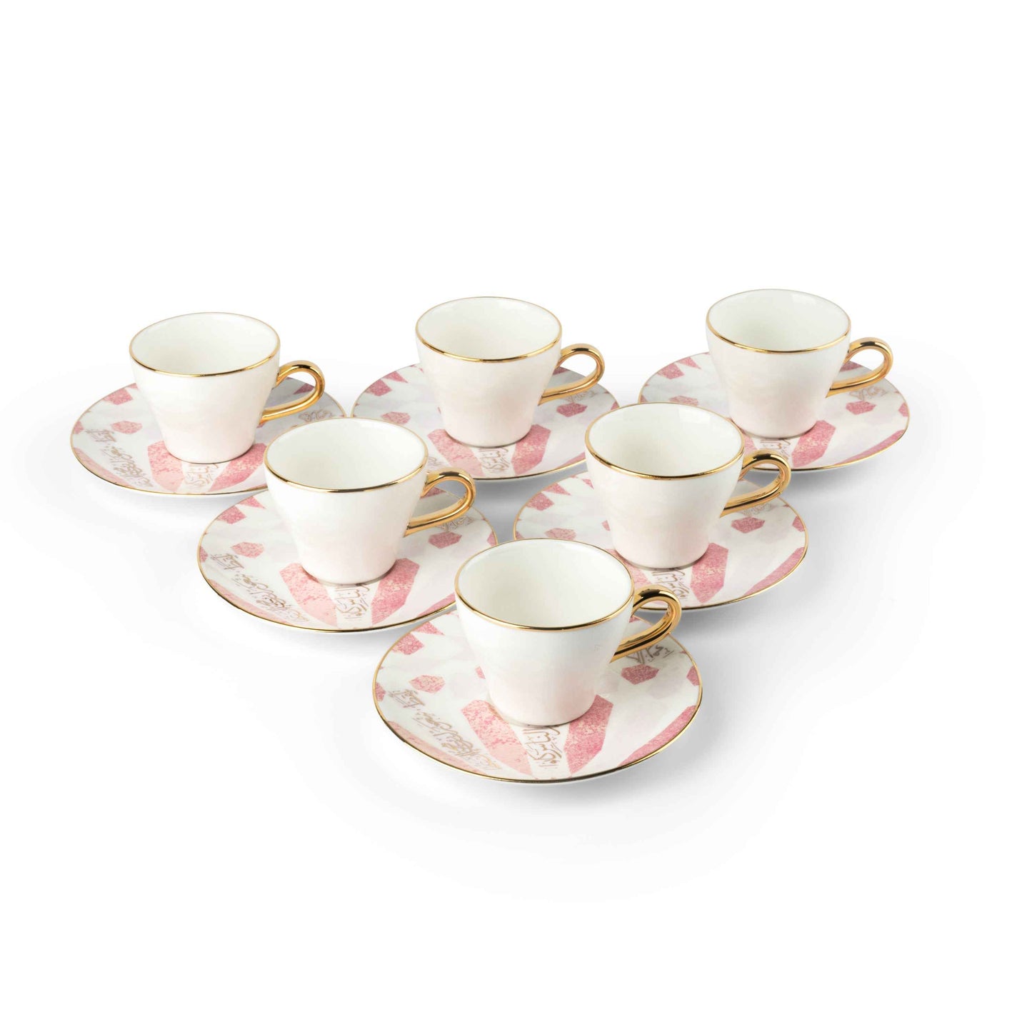 Otantik Home pink and gold espresso cups set with six white cups and matching saucers