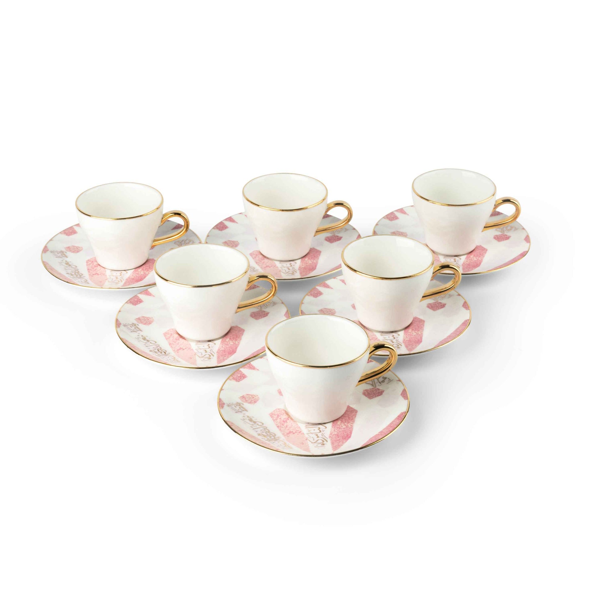 Otantik Home pink and gold espresso cups set with six white cups and matching saucers