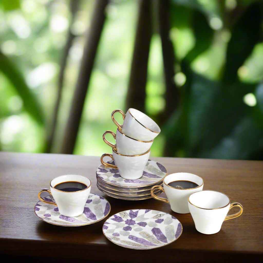 Otantik Home purple gold espresso cups set with floral pattern and gold handles on wooden table