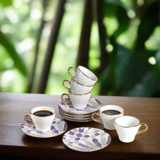 Otantik Home purple gold espresso cups set with floral pattern and gold handles on wooden table