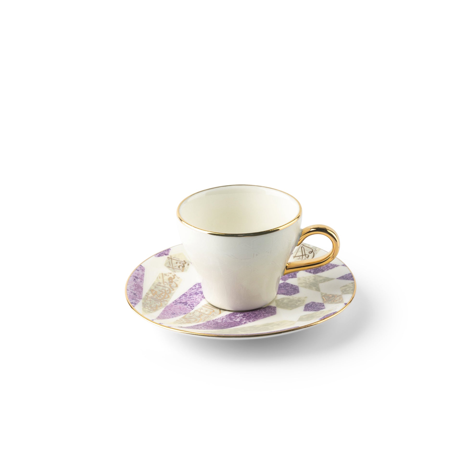Otantik Home purple gold espresso cups set with white cup and decorative saucer featuring gold and purple accents