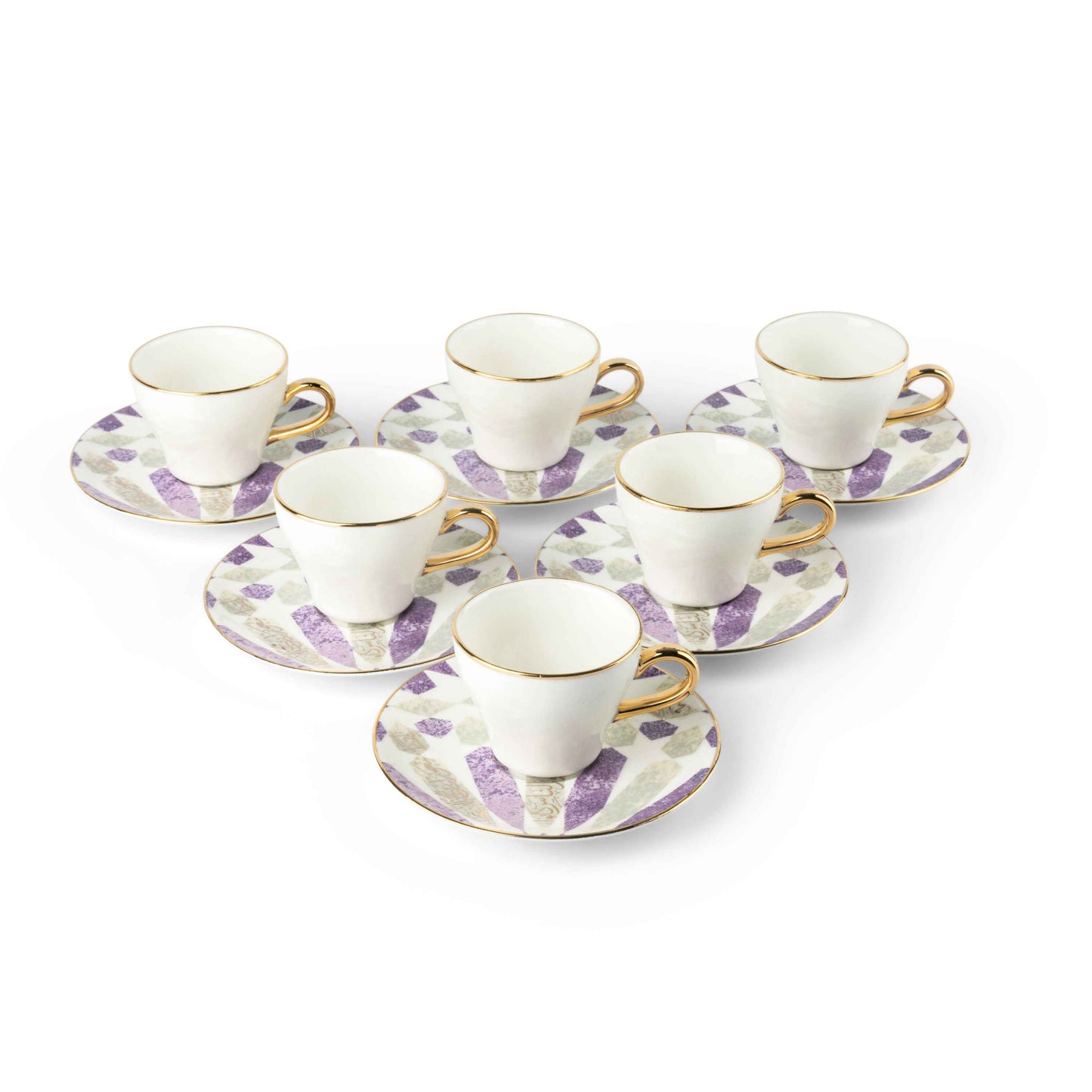 Otantik Home purple gold espresso cups set with six white cups and saucers featuring purple and gold accents