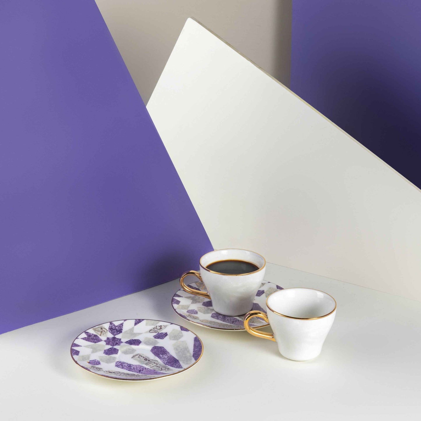 Otantik Home purple gold espresso cups set with two white cups and decorative gold and purple saucers