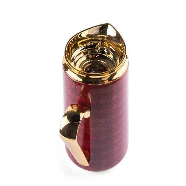 Red and gold rattan vacuum flask with a gold handle and shiny interior by Otantik Home
