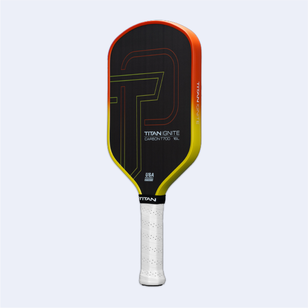 Titan Ignite 16L pickleball paddle by Titan Pickleball with black face and orange yellow edge design