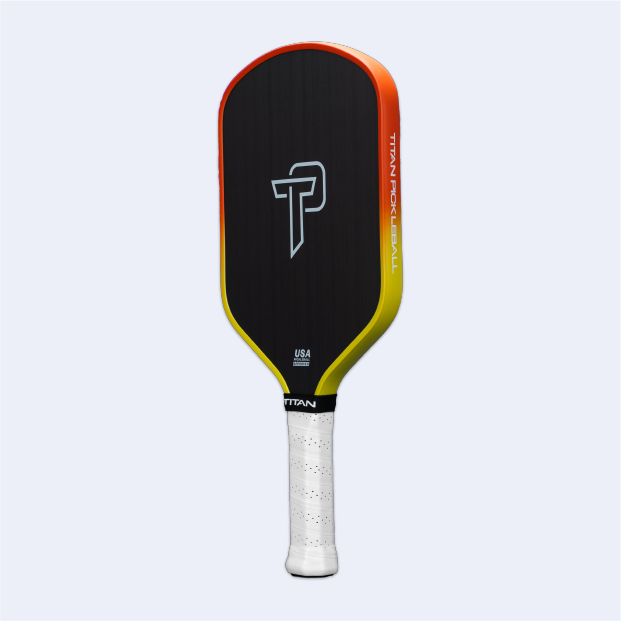 Titan Ignite 16L pickleball paddle by Titan Pickleball with black face and orange yellow gradient edge