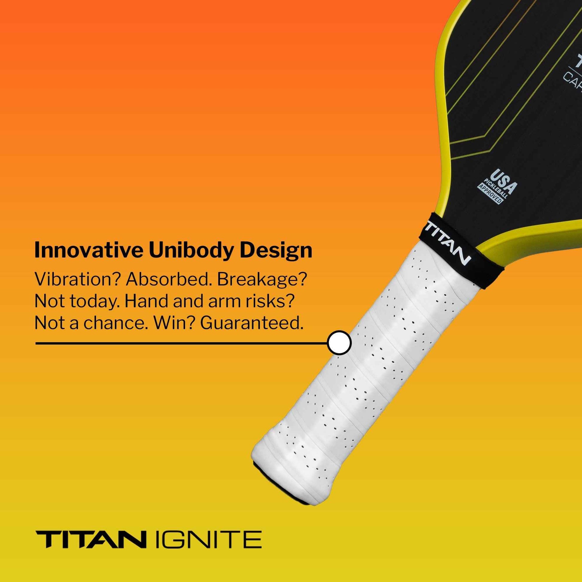 Titan Ignite 16L pickleball paddle with innovative unibody design and white grip handle by Titan Pickleball