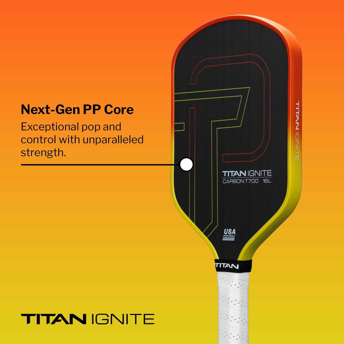Titan Ignite 16L pickleball paddle with Next-Gen PP Core for strength and control in black and orange