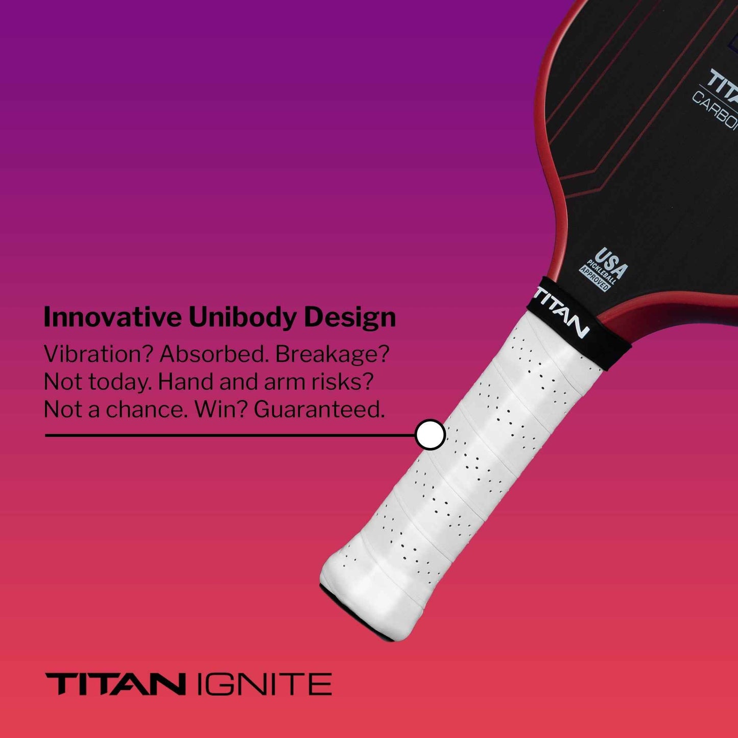 Titan Ignite 16S pickleball paddle with innovative unibody design and white grip for superior vibration absorption