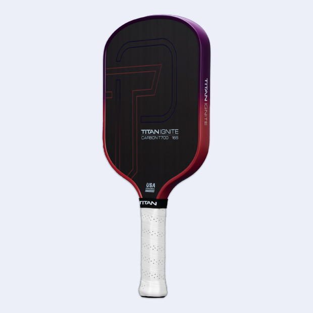 Titan Ignite 16S pickleball paddle by Titan Pickleball with black and red carbon design and white grip