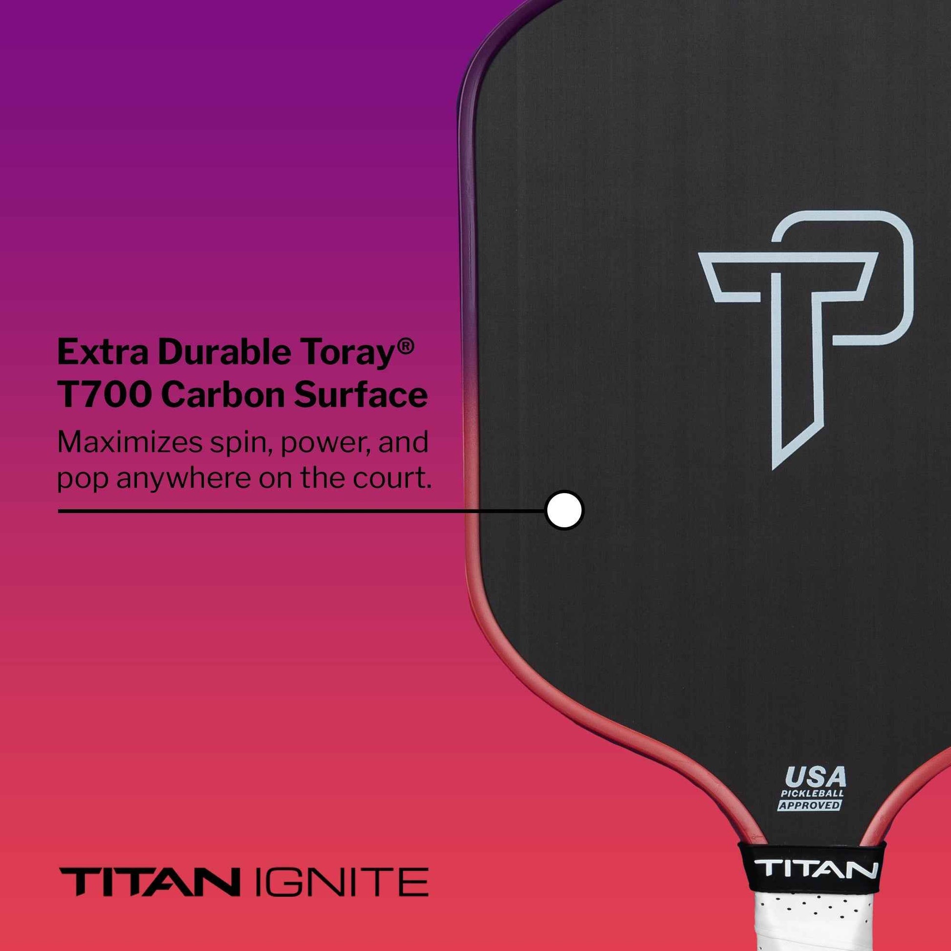 Titan Ignite 16S pickleball paddle with extra durable Toray T700 carbon surface for enhanced spin and power