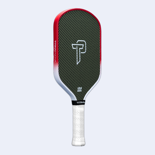 Titan Nova 14L pickleball paddle by Titan Pickleball with red and black carbon fiber face and white grip