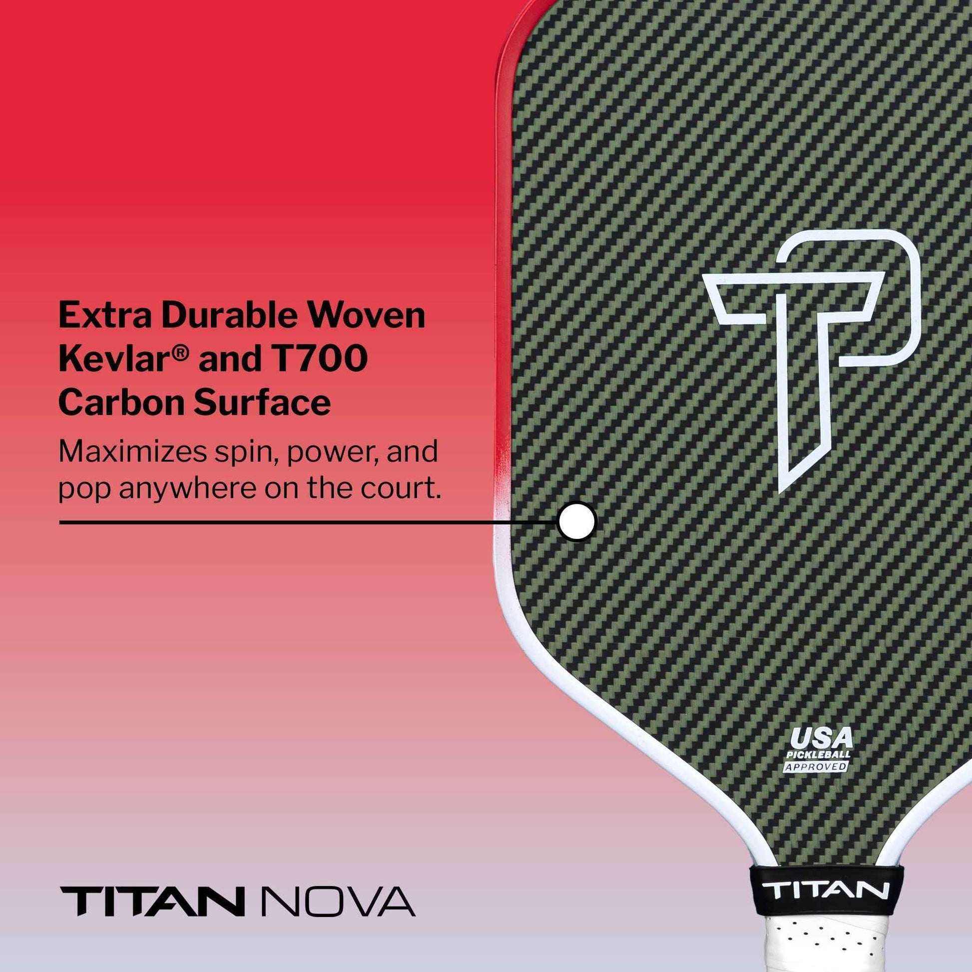 Titan Nova 14L pickleball paddle with extra durable woven Kevlar and T700 carbon surface