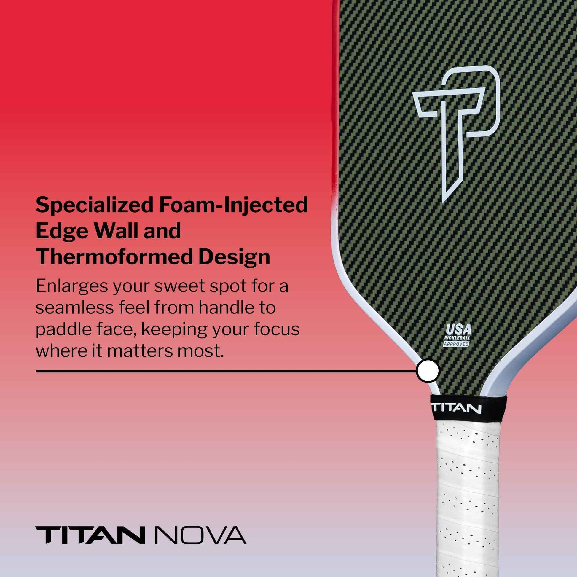 Titan Nova 14L pickleball paddle with foam-injected edge wall and thermoformed design for a seamless sweet spot