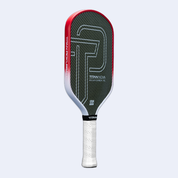 Titan Nova 14L pickleball paddle by Titan Pickleball with black carbon fiber face and red edge