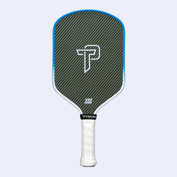 Titan Nova 16L pickleball paddle with carbon fiber face, blue edges, and white perforated grip