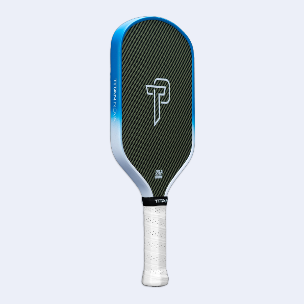 Titan Nova 16L pickleball paddle with blue edge, carbon fiber face, and white grip by Titan Pickleball