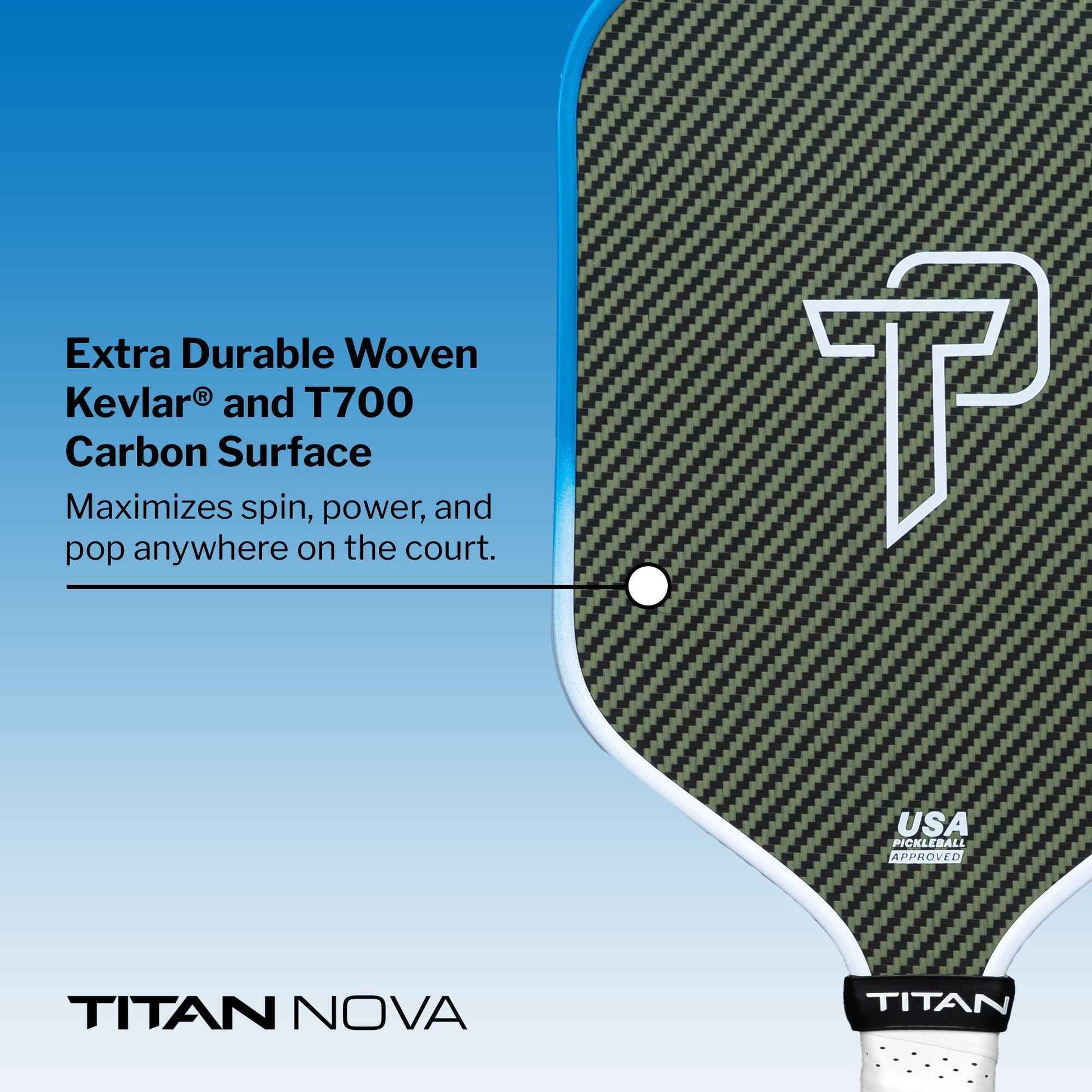 Titan Nova 16L pickleball paddle with extra durable woven Kevlar and T700 carbon surface