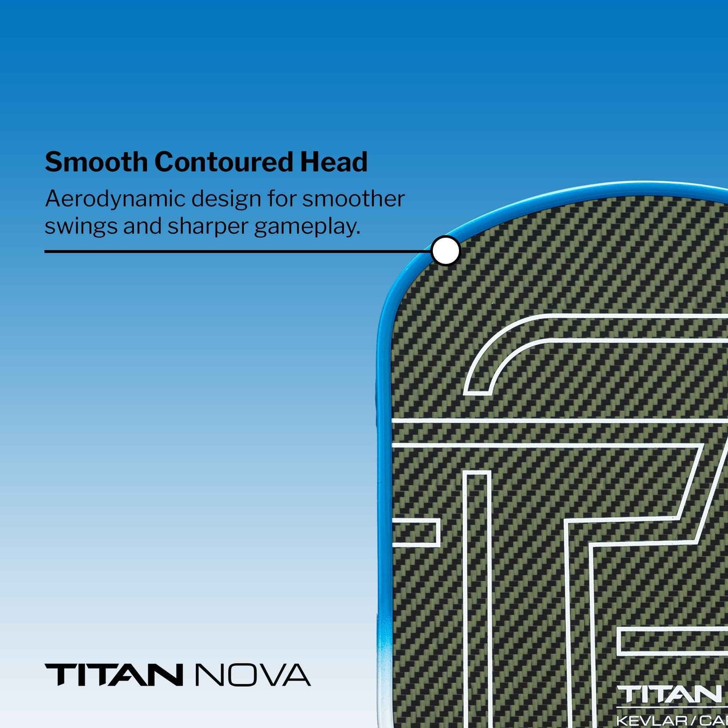 Close-up of Titan Nova 16L pickleball paddle smooth contoured head with aerodynamic design